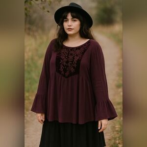 Indigo Soul Boho Top Women’s‎ Large Purple Velvet Floral Embroidered Bell Sleeve